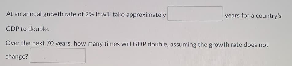 At an annual growth rate of 2% it will take approximately
years for a country's
GDP to double.
Over the next 70 years, how many times will GDP double, assuming the growth rate does not
change?
