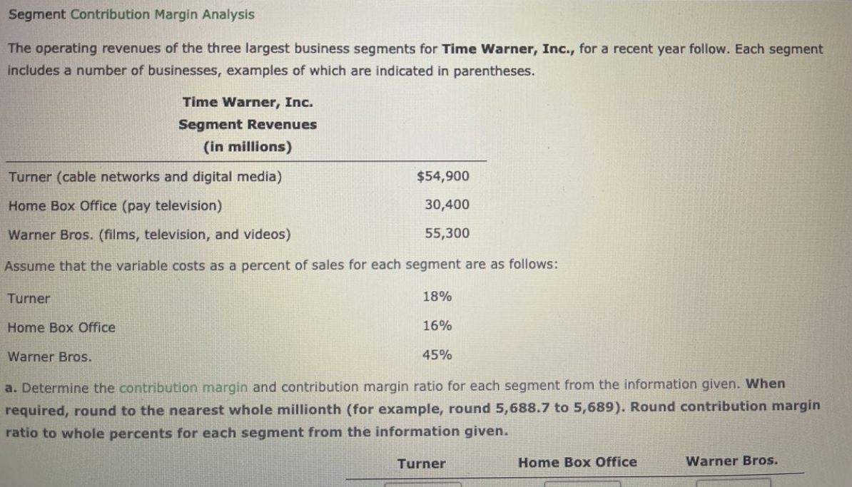 Segment Contribution Margin Analysis
The operating revenues of the three largest business segments for Time Warner, Inc., for a recent year follow. Each segment
includes a number of businesses, examples of which are indicated in parentheses.
Time Warner, Inc.
Segment Revenues
(in millions)
Turner (cable networks and digital media)
$54,900
Home Box Office (pay television)
30,400
Warner Bros. (films, television, and videos)
55,300
Assume that the variable costs as a percent of sales for each segment are as follows:
Turner
18%
Home Box Office
16%
Warner Bros.
45%
a. Determine the contribution margin and contribution margin ratio for each segment from the information given. When
required, round to the nearest whole millionth (for example, round 5,688.7 to 5,689). Round contribution margin
ratio to whole percents for each segment from the information given.
Turner
Home Box Office
Warner Bros.
