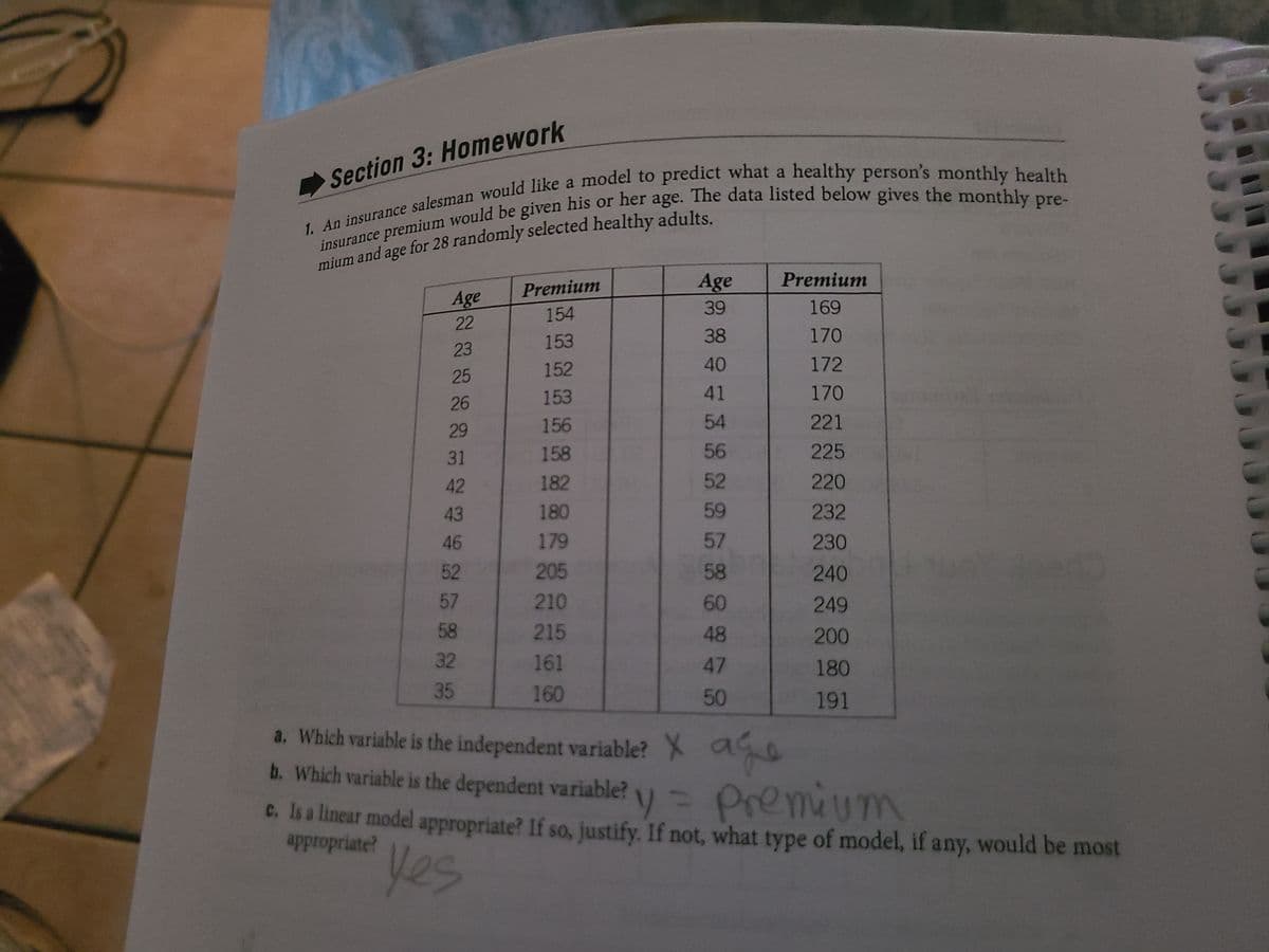 Section 3: Homework
a
Premium
Age
Premium
Age
39
169
154
22
153
38
170
23
152
40
172
25
153
41
170
26
156
54
221
29
31
158
56
225
42
182
52
220
43
180
59
232
46
179
57
230
52
205
58
240
57
210
60
249
58
215
48
200
32
161
47
180
35
160
50
191
a. Which variable is the independent variable? X ae
b. Which variable is the dependent variable?
Premium
C. Is a linear model appropriate? If so, justify. If not, what type of model, if any, would be most
appropriate?
Yes
