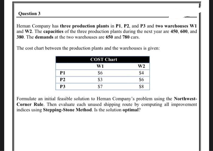 Question 3
Heman Company has three production plants in P1, P2, and P3 and two warehouses W1
and W2. The capacities of the three production plants during the next year are 450, 600, and
380. The demands at the two warehouses are 650 and 780 cars.
The cost chart between the production plants and the warehouses is given:
COST Chart
W1
W2
P1
$6
$4
P2
$3
$6
P3
S7
$8
Formulate an initial feasible solution to Heman Company's problem using the Northwest-
Corner Rule. Then evaluate each unused shipping route by computing all improvement
indices using Stepping-Stone Method. Is the solution optimal?

