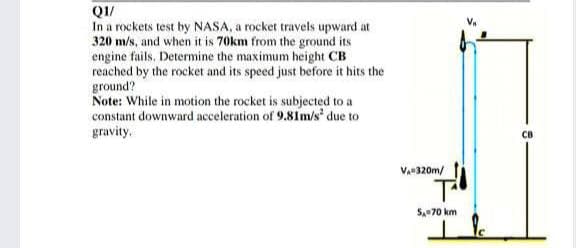 Q1/
In a rockets test by NASA, a rocket travels upward at
320 m/s, and when it is 70km from the ground its
engine fails. Determine the maximum height CB
reached by the rocket and its speed just before it hits the
ground?
Note: While in motion the rocket is subjected to a
constant downward acceleration of 9.81m/s' due to
gravity.
CB
Va320m/
S70 km
