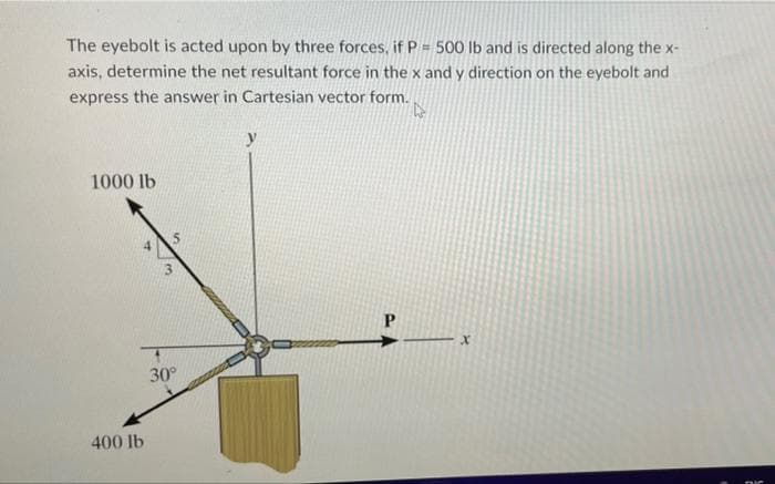 The eyebolt is acted upon by three forces, if P = 500 lb and is directed along the x-
axis, determine the net resultant force in the x and y direction on the eyebolt and
express the answer in Cartesian vector form.
D
y
1000 lb
400 lb
30°