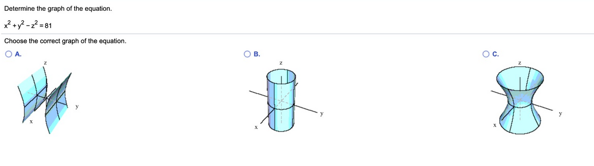 Determine the graph of the equation.
x? +y? -z? = 81
Choose the correct graph of the equation.
O A.
Ов.
OC.
