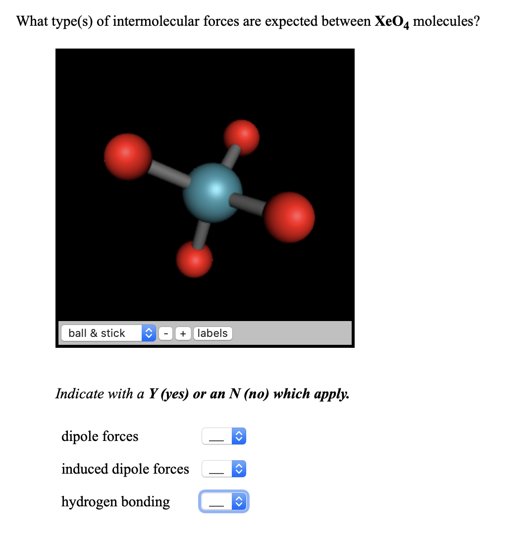 What type(s) of intermolecular forces are expected between XeO, molecules?
ball & stick
+
labels
Indicate with a Y (yes) or an N (no) which apply.
dipole forces
induced dipole forces
-
hydrogen bonding

