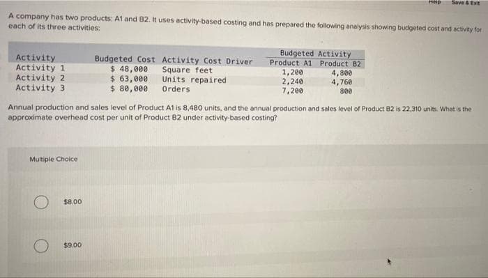 Heip
Save & Exit
A company has two products: A1 and B2. It uses activity-based costing and has prepared the following analysis showing budgeted cost and activity for
each of its three activities:
Activity
Activity 1
Activity 2
Activity 3
Budgeted Cost Activity Cost Driver
$ 48,000
$ 63,000
$ 80,000
Budgeted Activity
Product A1 Product B2
1,200
2,240
7,200
Square feet
Units repaired
4,800
4,760
Orders
800
Annual production and sales level of Product A1 is 8,480 units, and the annual production and sales level of Product B2 is 22,310 units. What is the
approximate overhead cost per unit of Product B2 under activity-based costing?
Multiple Choice
$8.00
$9.00
