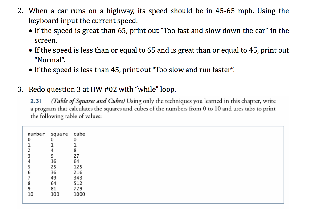 2. When a car runs on a highway, its speed should be in 45-65 mph. Using the
keyboard input the current speed.
• If the speed is great than 65, print out "Too fast and slow down the car" in the
screen.
• If the speed is less than or equal to 65 and is great than or equal to 45, print out
"Normal".
• If the speed is less than 45, print out "Too slow and run faster".
