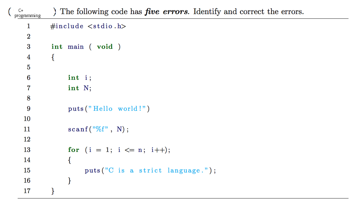 ) The following code has five errors. Identify and correct the errors.
C+
programming
1
#include <stdio.h>
2
int main ( void )
4
{
6.
int i;
7
int N;
8
9
puts (" Hello world!")
10
11
scanf("%f" , N);
12
13
for (i
= 1; i <= n; i++);
14
{
15
puts ("C is a strict language.");
16
}
17
}
