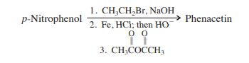 1. CH;CH,Br, NAOH
2. Fe, HCI; then HO
p-Nitrophenol
Phenacetin
3. CH,COCCH3
