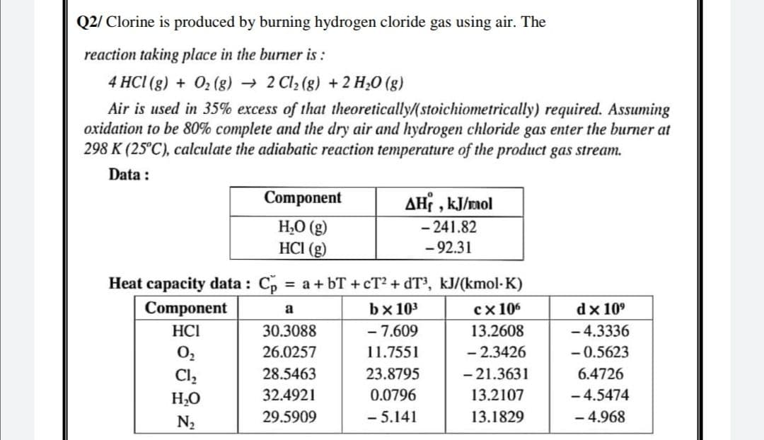 Q2/ Clorine is produced by burning hydrogen cloride gas using air. The
reaction taking place in the burner is :
4 HCI (g) + 02 (g) → 2 Cl, (g) + 2 H;0 (g)
Air is used in 35% excess of that theoretically/(stoichiometrically) required. Assuming
oxidation to be 80% complete and the dry air and hydrogen chloride gas enter the burner at
298 K (25°C), calculate the adiabatic reaction temperature of the product gas stream.
Data :
Component
AH , kJ/rmol
H,O (g)
HCI (g)
- 241.82
-92.31
Heat capacity data : Cp = a + bT + cT2 + dT³, kJ/(kmol-K)
Component
bx 103
сх106
dx 10°
a
HCI
30.3088
- 7.609
13.2608
- 4.3336
O2
26.0257
11.7551
- 2.3426
- 0.5623
Cl,
28.5463
23.8795
- 21.3631
6.4726
- 4.5474
- 4.968
H,O
32.4921
0.0796
13.2107
N2
29.5909
-5.141
13.1829
