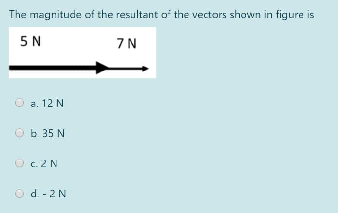The magnitude of the resultant of the vectors shown in figure is
5 N
7N
O a. 12 N
O b. 35 N
c. 2 N
O d. - 2 N

