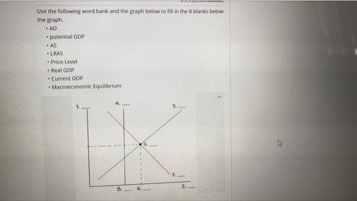 Use the following word bank and the graph below to fill in the 8 blanks below
the graph.
• AD
* potential GDP
AS
• LRAS
• Price Level
Real GDP
Current GDP
Macroeconomic Equilibrium
2.
8.
