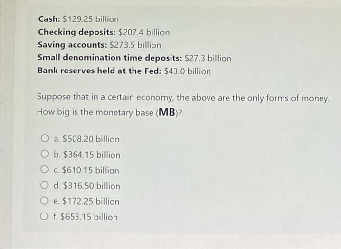 Cash: $129.25 billion
Checking deposits: $207.4 billion
Saving accounts: $273.5 billion
Small denomination time deposits: $27.3 billion
Bank reserves held at the Fed: $43.0 billion
Suppose that in a certain economy, the above are the only forms of money.
How big is the monetary base (MB)?
O a. $508.20 billion
O b. $364.15 billion
O c. $610.15 billion
O d. $316.50 billion
O e. $172.25 billion
O f. $653.15 billion
