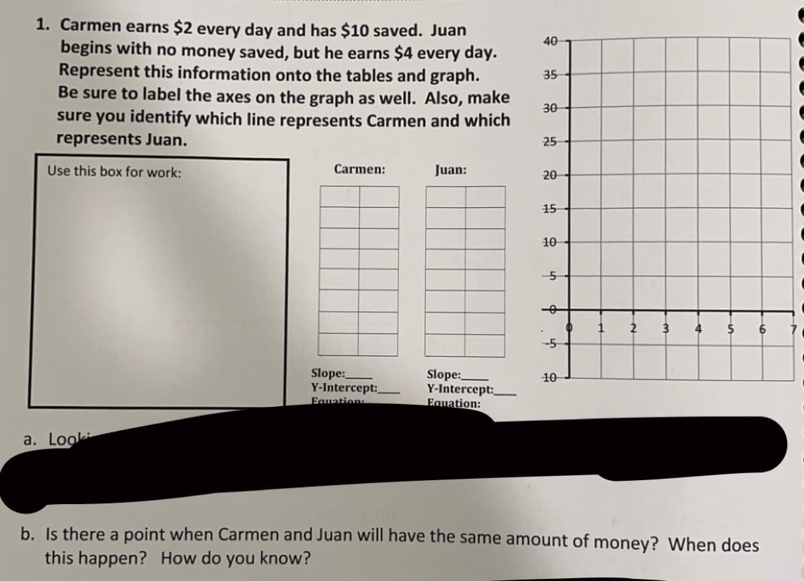 1. Carmen earns $2 every day and has $10 saved. Juan
begins with no money saved, but he earns $4 every day.
Represent this information onto the tables and graph.
Be sure to label the axes on the graph as well. Also, make
sure you identify which line represents Carmen and which
represents Juan.
Use this box for work:
a. Look
Carmen:
Slope:
Y-Intercept:
Equation:
Juan:
Slope:
Y-Intercept:_
Equation:
40
35
30
25
20
15
10
-5
-0
-5
10
0
1
2
3 4
5
6
b. Is there a point when Carmen and Juan will have the same amount of money? When does
this happen? How do you know?