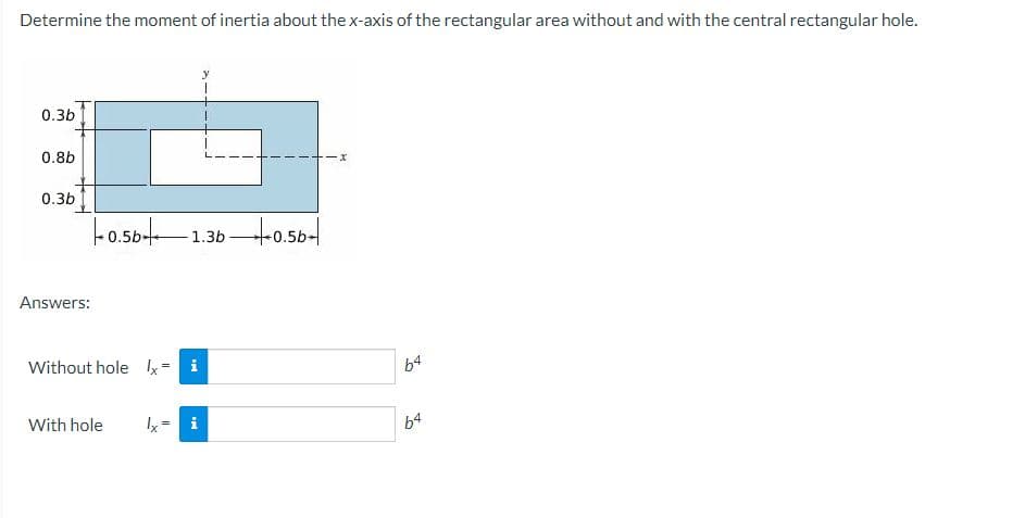 Determine the moment of inertia about the x-axis of the rectangular area without and with the central rectangular hole.
0.3b
0.8b
0.3b
Answers:
0.56 1.3b +0.50 +
Without hole Ix² i
With hole
i
64
64
