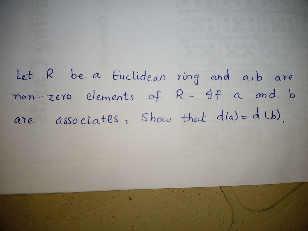Let R
be a Euclidean ring and aub
are
non- ZEYO
elements of R- gf a
6
asso ciates,
Show that dla)=d (b)
are
