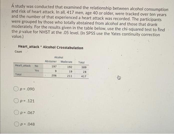 Á study was conducted that examined the relationship between alcohol consumption
and risk of heart attack. In all, 417 men, age 40 or older, were tracked over ten years
and the number of that experienced a heart attack was recorded. The participants
were grouped by those who totally abstained from alcohol and those that drank
moderately. For the results given in the table below, use the chi-squared test to find
the p value for NHST at the .05 level. (In SPSS use the Yates continuity correction
value.)
Heart attack Alcohol Crosstabulation
Count
Alcohol
Abstainer
Moderate
Total
Heart attack No
197
192
389
Yes
9.
19
28
Total
206
211
417
Op= .090
Op= 121
!!
Op=.067
Op = .048
