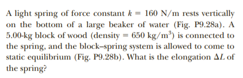 A light spring of force constant k = 160 N/m rests vertically
on the bottom of a large beaker of water (Fig. P9.28a). A
5.00-kg block of wood (density = 650 kg/m³) is connected to
the spring, and the block-spring system is allowed to come to
static equilibrium (Fig. P9.28b). What is the elongation AL of
the spring?
