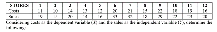 1
STORES
Costs
Sales
2
3
4
5
6
7
8
9
22
10
11
12
11
10
14
13
12
20
21
15
18
19
16
19
15
20
14
16
33
32
18
29
22
23
20
Considering costs as the dependent variable (X) and the sales as the independent variable (Y), determine the
following:
