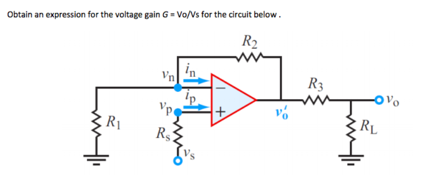 Obtain an expression for the voltage gain G = Vo/Vs for the circuit below.
R2
In
Vn
R3
'p
Rs
RL
R1
+
