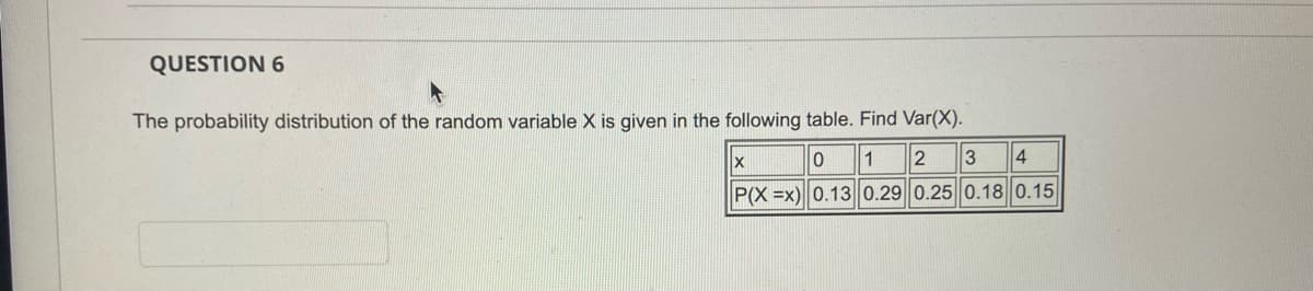 QUESTION 6
The probability distribution of the random variable X is given in the following table. Find Var(X).
X
0
1 2 3 4
P(X=x) 0.13 0.29 0.25 0.18 0.15