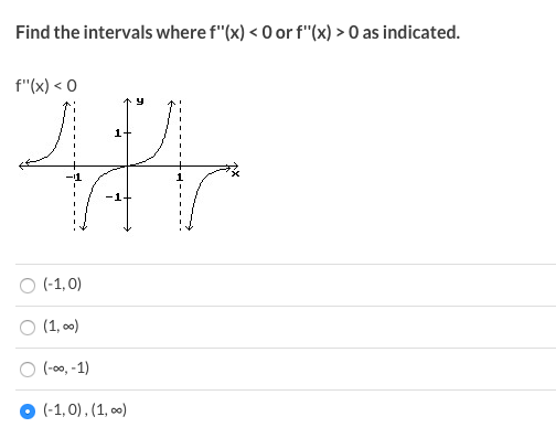 Find the intervals where f"(x) < 0 or f"(x) > 0 as indicated.
f"(x) < 0
(-1, 0)
O (1, 0)
(-00, -1)
(-1, 0), (1, o0)
