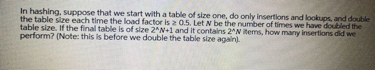 In hashing, suppose that we start with a table of size one, do only insertions and lookups, and double
the table size each time the load factor is 2 0.5. Let N be the number of times we have doubled the
table size. If the final table is of size 2^N+1 and it contains 2^N items, how many insertions did we
perform? (Note: this is before we double the table size again).
