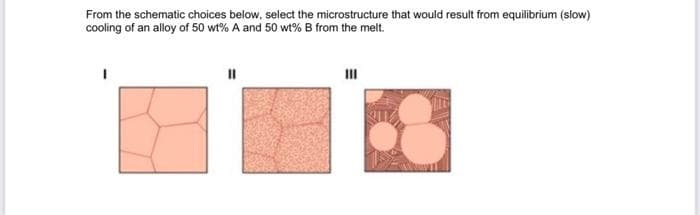 From the schematic choices below, select the microstructure that would result from equilibrium (slow)
cooling of an alloy of 50 wt% A and 50 wt% B from the melt.
II
