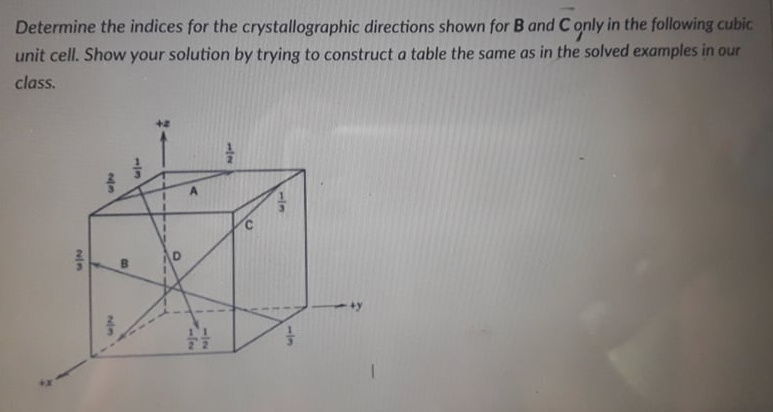 Determine the indices for the crystallographic directions shown for B and C only in the following cubic
unit cell. Show your solution by trying to construct a table the same as in the solved examples in our
class.
113
1/3
1/2
B.
