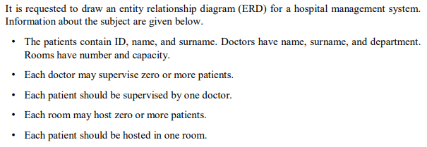 It is requested to draw an entity relationship diagram (ERD) for a hospital management system.
Information about the subject are given below.
• The patients contain ID, name, and surname. Doctors have name, surname, and department.
Rooms have number and capacity.
• Each doctor may supervise zero or more patients.
• Each patient should be supervised by one doctor.
• Each room may host zero or more patients.
Each patient should be hosted in one room.
