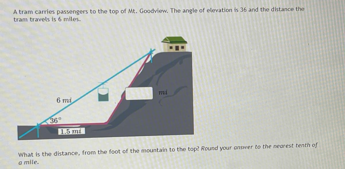 A tram carries passengers to the top of Mt. Goodview. The angle of elevation is 36 and the distance the
tram travels is 6 miles.
mi
6 mi
36°
1.5 mi
What is the distance, from the foot of the mountain to the top? Round your answer to the nearest tenth of
a mile.
