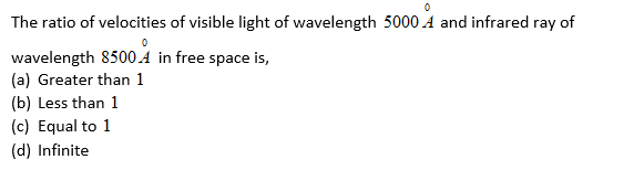 The ratio of velocities of visible light of wavelength 5000 A and infrared ray of
wavelength 8500 A in free space is,
(a) Greater than 1
(b) Less than 1
(c) Equal to 1
(d) Infinite
