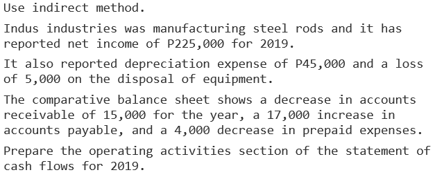 Use indirect method.
Indus industries was manufacturing steel rods and it has
reported net income of P225, 000 for 2019.
It also reported depreciation expense of P45,000 and a loss
of 5,000 on the disposal of equipment.
The comparative balance sheet shows a decrease in accounts
receivable of 15,000 for the year, a 17,000 increase in
accounts payable, and a 4,000 decrease in prepaid expenses.
Prepare the operating activities section of the statement of
cash flows for 2019.
