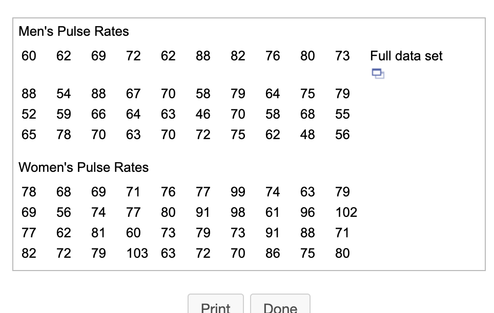 Men's Pulse Rates
60
62
69
72
62
88
82
76
80
73
Full data set
88
54
88
67
70
58
79
64
75
79
52
59
66
64
63
46
70
58
68
55
65
78
70
63
70
72
75
62
48
56
Women's Pulse Rates
78
68
69
71
76
77
99
74
63
79
69
56
74
77
80
91
98
61
96
102
77
62
81
60
73
79
73
91
88
71
82
72
79
103 63
72
70
86
75
80
Print
Done
