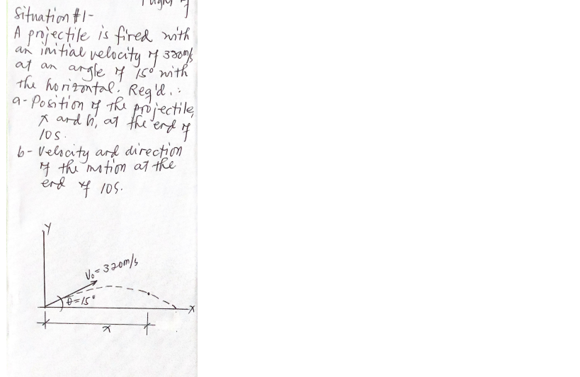 Situation t1-
A projectile is fired with
an imitial velocity 4 320%
at an
argle 4 sd with
the horizontal. Reg'd.
a-Position y
A ard h, at the 'erd of
the projectile
6-Velscity ard direction
4 the tion af the
erd f 105.
Vo-320m/s
