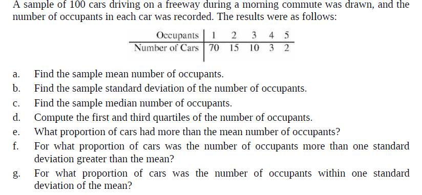 A sample of 100 cars driving on a freeway during a morning commute was drawn, and the
number of occupants in each car was recorded. The results were as follows:
Occupants 1 2 3 4 5
Number of Cars 70 15 10 3 2
Find the sample mean number of occupants.
Find the sample standard deviation of the number of occupants.
Find the sample median number of occupants.
а.
b.
С.
d.
Compute the first and third quartiles of the number of occupants.
What proportion of cars had more than the mean number of occupants?
For what proportion of cars was the number of occupants more than one standard
deviation greater than the mean?
For what proportion of cars was the number of occupants within one standard
е.
f.
g.
deviation of the mean?

