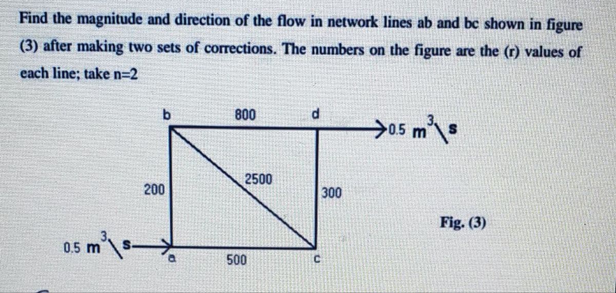 Find the magnitude and direction of the flow in network lines ab and be shown in figure
(3) after making two sets of corrections. The numbers on the figure are the (r) values of
each line; take n=2
0.5 m s
200
800
2500
500
d
300
C
→0.5 m³ s
Fig. (3)