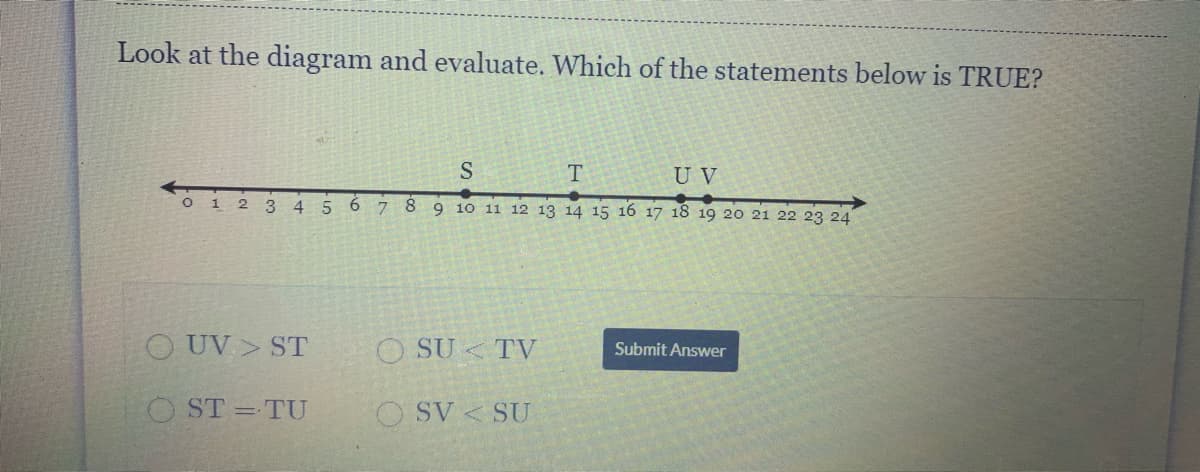 Look at the diagram and evaluate. Which of the statements below is TRUE?
T
U V
1 2
6.
9 10 11 12 13 14 15 16 17 18 19 20 21 22 23 24
O UV > ST
O SU < TV
Submit Answer
O ST =TU
O SV < SU
