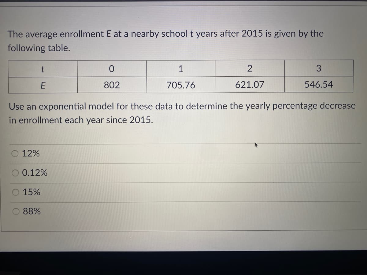 The average enrollment E at a nearby school t years after 2015 is given by the
following table.
t
1
3
802
705.76
621.07
546.54
Use an exponential model for these data to determine the yearly percentage decrease
in enrollment each year since 2015.
12%
0.12%
15%
88%
