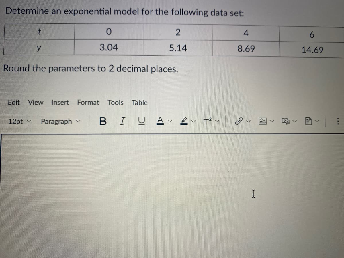 Determine an exponential model for the following data set:
4.
3.04
5.14
8.69
14.69
Round the parameters to 2 decimal places.
Edit View
Insert
Format Tools
Table
12pt v
Paragraph v
в I U
v T?v
...
