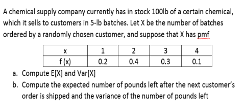 A chemical supply company currently has in stock 100lb of a certain chemical,
which it sells to customers in 5-lb batches. Let X be the number of batches
ordered by a randomly chosen customer, and suppose that X has pmf
1
2
3
4
f (x)
a. Compute E[X] and Var[X]
0.2
0.4
0.3
0.1
b. Compute the expected number of pounds left after the next customer's
order is shipped and the variance of the number of pounds left
