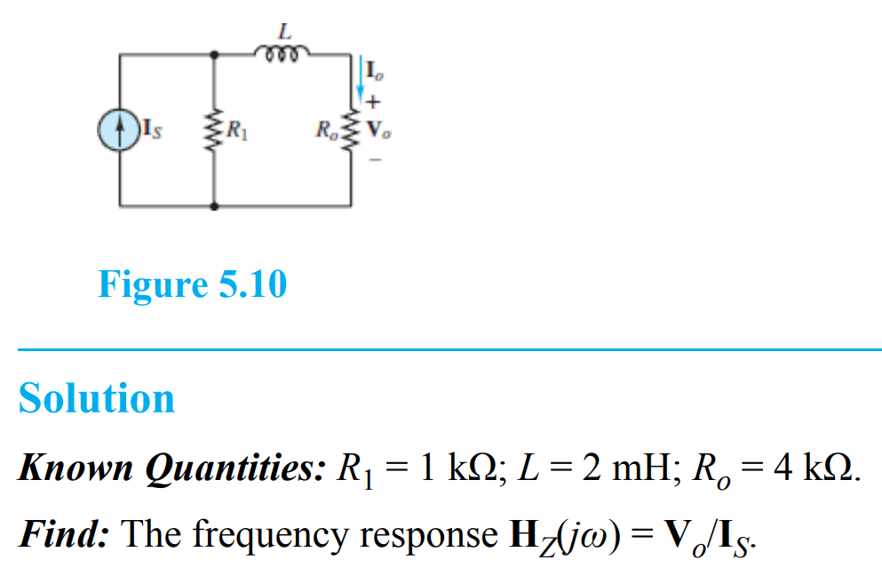 L
Figure 5.10
Ro
Solution
Known Quantities: R₁ = 1 kN; L = 2 mH; R = 4 kQ.
Find: The frequency response Hzjo) = V₂/Is.