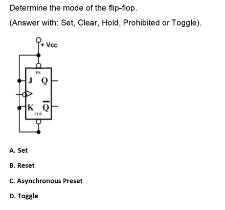 Determine the mode of the flip-flop.
(Answer with: Set, Clear, Hold, Prohibited or Toggle).
PS
Vcc
KQ
CLR
A. Set
B. Reset
C. Asynchronous Preset
D. Toggle