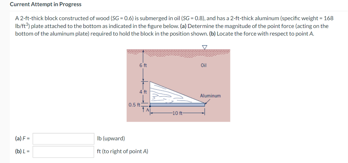 Current Attempt in Progress
A 2-ft-thick block constructed of wood (SG = 0.6) is submerged in oil (SG = 0.8), and has a 2-ft-thick aluminum (specific weight = 168
lb/ft3) plate attached to the bottom as indicated in the figure below. (a) Determine the magnitude of the point force (acting on the
bottom of the aluminum plate) required to hold the block in the position shown. (b) Locate the force with respect to point A.
(a) F=
(b) L =
6 ft
4 ft
0.5 ft
↑ A
lb (upward)
ft (to right of point A)
-10 ft-
Oil
Aluminum