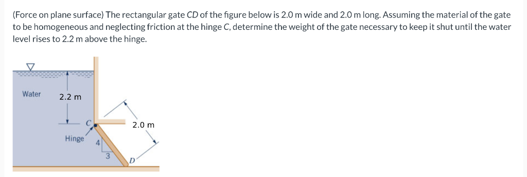 (Force on plane surface) The rectangular gate CD of the figure below is 2.0 m wide and 2.0 m long. Assuming the material of the gate
to be homogeneous and neglecting friction at the hinge C, determine the weight of the gate necessary to keep it shut until the water
level rises to 2.2 m above the hinge.
Water
2.2 m
2.0 m
Hinge
