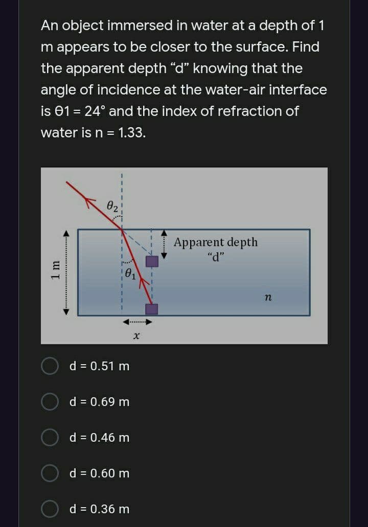 An object immersed in water at a depth of 1
m appears to be closer to the surface. Find
the apparent depth "d" knowing that the
angle of incidence at the water-air interface
is 01 = 24° and the index of refraction of
water is n = 1.33.
02
Apparent depth
"d"
n
.......
d = 0.51 m
d = 0.69 m
d = 0.46 m
d = 0.60 m
d = 0.36 m
1 m
