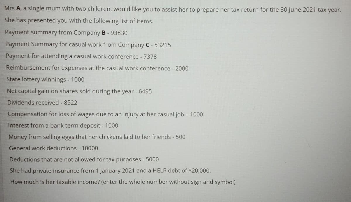 Mrs A, a single mum with two children, would like you to assist her to prepare her tax return for the 30 June 2021 tax year.
She has presented you with the following list of items.
Payment summary from Company B - 93830
Payment Summary for casual work from Company C - 53215
Payment for attending a casual work conference - 7378
Reimbursement for expenses at the casual work conference - 2000
State lottery winnings - 1000
Net capital gain on shares sold during the year - 6495
Dividends received - 8522
Compensation for loss of wages due to an injury at her casual job - 1000
Interest from a bank term deposit - 1000
Money from selling eggs that her chickens laid to her friends - 500
General work deductions - 10000
Deductions that are not allowed for tax purposes - 5000
She had private insurance from 1 January 2021 and a HELP debt of $20,000.
How much is her taxable income? (enter the whole number without sign and symbol)