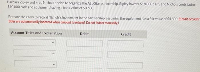 Barbara Ripley and Fred Nichols decide to organize the ALL-Star partnership. Ripley invests $18,000 cash, and Nichols contributes
$10,000 cash and equipment having a book value of $3,600.
Prepare the entry to record Nichols's investment in the partnership, assuming the equipment has a fair value of $4,800. (Credit account
titles are automatically indented when amount is entered. Do not indent manually.)
Account Titles and Explanation
v
Debit
Credit