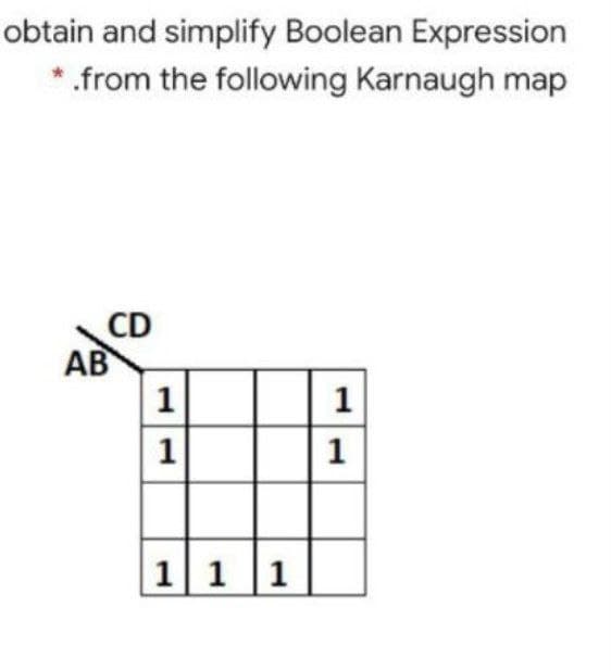 obtain and simplify Boolean Expression
.from the following Karnaugh map
CD
AB
1
1
1
1
11 1

