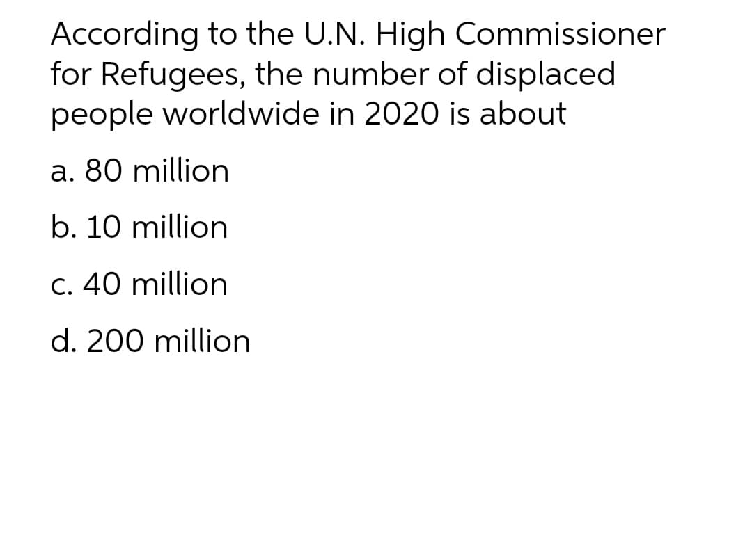 According to the U.N. High Commissioner
for Refugees, the number of displaced
people worldwide in 2020 is about
a. 80 million
b. 10 million
C. 40 million
d. 200 million
