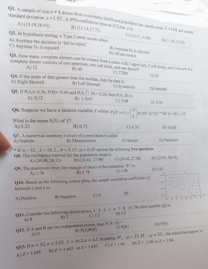 Q1. A sample of size n = 8 drawn from a normally distributed population has sample mean x=14.8 and sample
standard deviation s=1.92. A 95% confidence interval (CI) for u is
B) (11.14,17.71)
A) (13.19,16.41)
Q2. In hypothesis testing, a Type 2 error occurs when:
C) (13.51,16.09)
A) Anytime the decision is 'fail to reject'
D) (11.81,15.82)
C) Anytime H, is rejected
B) Anytime Ho is rejected
D) All are correct
Q3. How many complete dinners can be created from a menu with 3 appetizers, 5 soft drinks, and 4 desserts if a
complete dinner consists of one appetizer, one soft drink, and one dessert?
A) 12
B) 60
C) 17280
D) 30
Q4. If the mean of data greater than the median, then the data is:
A) Right Skewed
B) Left Skewed
C) Symmetric
D) bimodal
Q5. If P(A)=0.30, P(B)= 0.40 and P(AB)=0.20, then P(A | B) is:
A) 0.12
B) ) 0.67
C) 0.08
D) 0.50
Q6. Suppose we have a random variable X where P(X = k) =
29) (0.71) for k=0,1,.,15.
What is the mean E(X) of X?
A) 5.22
B) 0.71
C) 4.35
D) 10.65
Q7. A numerical summary (value) of a population is called
A) Statistic
B) Measurement
C) Sample
D) Parameter
* If n=32, x=26.2, o=5.15, a = 0.05:answer the following Two questions
Q8. The confidence interval for the population mean is
A) (26.08, 26.32)
B) (24.42, 27.98)
C) (24.42, 27.56)
D) (23.95, 28.54)
Q9. The maximum error (the margin of error) of the estimation "E" is:
D) 0.62
C) 1.96
A) 1.78
B) 0.78
Q10. Based on the following scatter plots, the sample correlation coefficients (r)
between y and x is:
D) 1
C) 0
A) Positive
B) Negative
D) 3.5
Q11. Consider the following observations, 3 3 4 5 6 7 8 10. The third quartile Q3 is:
B) 3
A) 8
C) 7.5
D) P(B)
C) P(A)
B) P(A)P(B)
Q12. If A and B are two independent events, then P(B|A) =
A) 0
D) Z<-1.96 or Z> 1.96
=25,H₁:25, the rejection region is
Q13. If n = 32,0 = 5.15, = 26.2, a = 0.1. In testing Ho:
B) Z<-1.645 or Z> 1.645 C) Z> 1.96
A) Z> 1.645
(15)(0.2⁹9)